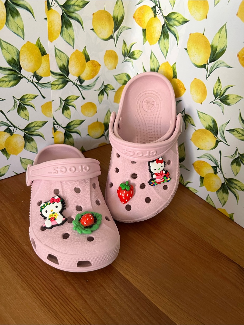 CROCS Kids Light Pink Clog Sandals with Cute Strawberry & Character Charms